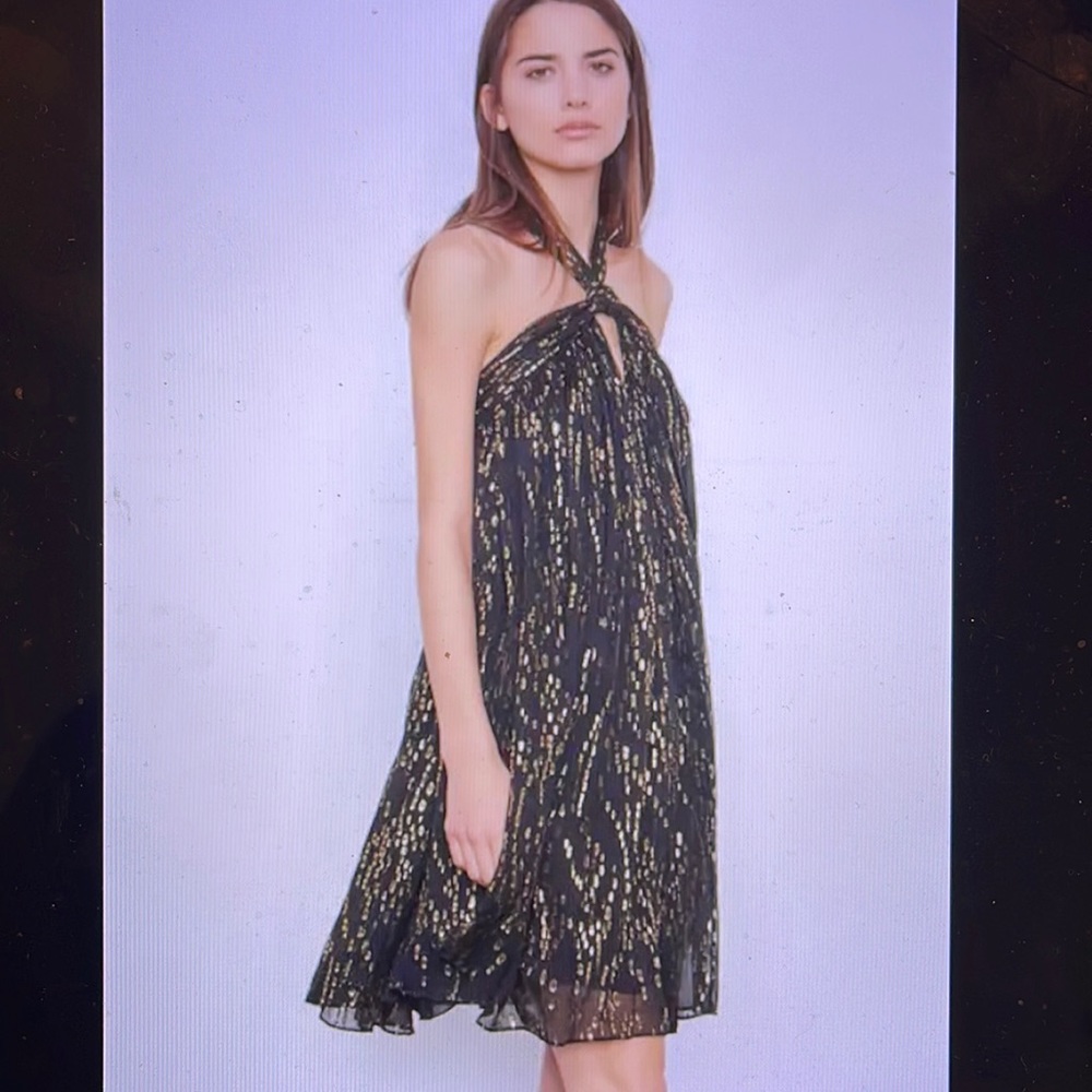 NWT BA&SH Junon Metallic Fil Coupe Silk Blend Chiffon Halterneck Mini Dress